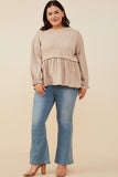 HY8777W Taupe Womens Mix Media Ribbed Knit Twofer Top Front  2