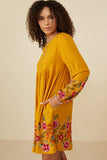 HY8814 Mustard Womens Embroidered Detail Long Sleeve Scoop Neck Dress Side