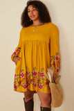 HY8814W Mustard Womens Embroidered Detail Long Sleeve Scoop Neck Dress Front