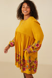 HY8814W Mustard Womens Embroidered Detail Long Sleeve Scoop Neck Dress Side