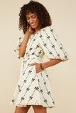 HY8870 Ivory Womens All Over Bow Print Belted Dress Side