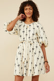 HY8870 Ivory Womens All Over Bow Print Belted Dress Front 2