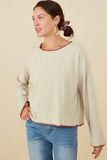 HY8921 Oatmeal Womens Brushed Contrast Stitch Long Sleeve Knit T Shirt Side