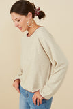 HY8921 Oatmeal Womens Brushed Contrast Stitch Long Sleeve Knit T Shirt Side 2