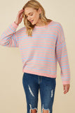 HY8993 Pink Mix Womens Ultra Soft Multicolor Stripe Pullover Sweater Pose