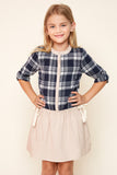 G2007 Navy Mix Girls Button Up Plaid Shirt Dress Front 2