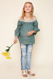 G3052 Khaki Denim Lace Peasant Top Full Body