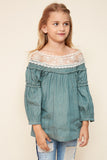 G3052 Khaki Denim Lace Peasant Top Front