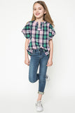 G3248 Green Mix Plaid Ruffle Sleeve Top Full Body