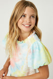 G9228-MULTI Tie Dye Puff Sleeve Mini Shirt Dress Detail