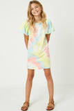 G9228-MULTI Tie Dye Puff Sleeve Mini Shirt Dress Pose