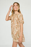 GJ3438 SALMON Girls Paisley Square Neck Tunic Dress Front