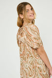 GJ3438 SALMON Girls Paisley Square Neck Tunic Dress Detail