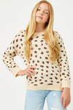 GJ3477 BEIGE Girls Leopard Print Pullover Sweater Knit Top Detail