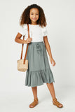 GJ3525 GREEN Girls Ruffled Knit Elastic Waist Midi Skirt Full Body