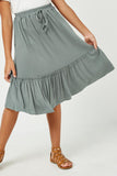 GJ3525 GREEN Girls Ruffled Knit Elastic Waist Midi Skirt Front