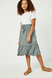 GJ3525 GREEN Girls Ruffled Knit Elastic Waist Midi Skirt Side