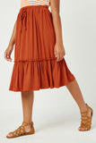 GJ3525 RUST Girls Ruffled Knit Elastic Waist Midi Skirt Front