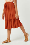 GJ3525 RUST Girls Ruffled Knit Elastic Waist Midi Skirt Side