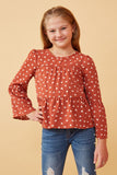 Heart Print Tiered Trumpet Sleeve Top