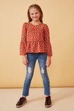 GK1456 Rose Girls Heart Print Tiered Trumpet Sleeve Top Full Body