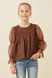 GK1500 Brown Girls Peasant Sleeve Smocked Mesh Top Front