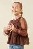 GK1500 Brown Girls Peasant Sleeve Smocked Mesh Top Side