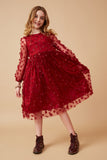 GK1513 Burgundy Girls Floral Applique Long Sleeve Mesh Dress Full Body