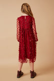 GK1513 Burgundy Girls Floral Applique Long Sleeve Mesh Dress Back