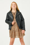 GN4129 LEOPARD Girls Leopard Print Tie Neck Ruffled Sleeve Dress Front