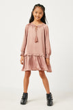 GN4196 MAUVE Girls Satin Look Smocked Cuff Tie Neck Dress Full Body