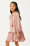 GN4196 MAUVE Girls Satin Look Smocked Cuff Tie Neck Dress Side