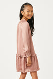 GN4196 MAUVE Girls Satin Look Smocked Cuff Tie Neck Dress Back