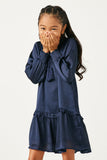 GN4196 NAVY Girls Satin Look Smocked Cuff Tie Neck Dress Front