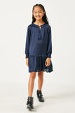 GN4196 NAVY Girls Satin Look Smocked Cuff Tie Neck Dress Full Body