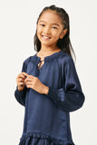 GN4196 NAVY Girls Satin Look Smocked Cuff Tie Neck Dress Detail