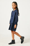 GN4196 NAVY Girls Satin Look Smocked Cuff Tie Neck Dress Side