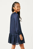 GN4196 NAVY Girls Satin Look Smocked Cuff Tie Neck Dress Back