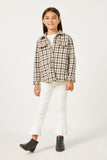 GN4239 BROWN Girls Textured Checker Side Pocket Shacket Full Body