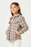 GN4239 BROWN Girls Textured Checker Side Pocket Shacket Side