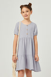 GN4685 Blue Girls Button Detail Puff Sleeve Round Neck Dress Front