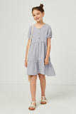 GN4685 Blue Girls Button Detail Puff Sleeve Round Neck Dress Full Body