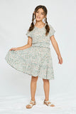 GY2705 MINT Girls Smocked Waist Floral Flutter Sleeve Dress Full Body