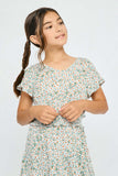 GY2705 MINT Girls Smocked Waist Floral Flutter Sleeve Dress Detail