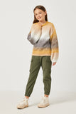 GY2738 MUSTARD Girls Engineered Stripe Puff Sleeve Round Neck Pullover Sweater Full Body