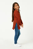 GY5300 RUST Girls Ribbed Long Sleeve Ruffle Side Slit Knit T Shirt Side