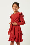 GY5398 RUST Girls Ruffled Asymmetric Skirt Belted Dress Side