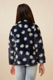 GY6341 Navy Girls Floral Print Mock Neck Fleece Jacket Back