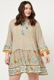 H4678W CREAM MIX Plus Printed Tassel Tie Tunic Dress Front