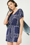 HJ3373 Navy Womens Bandana Print Pocket Knit Romper Pose